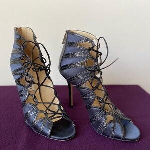 Jimmy Choo  Satin/Snakeskin  Navy  Lace up  sandals